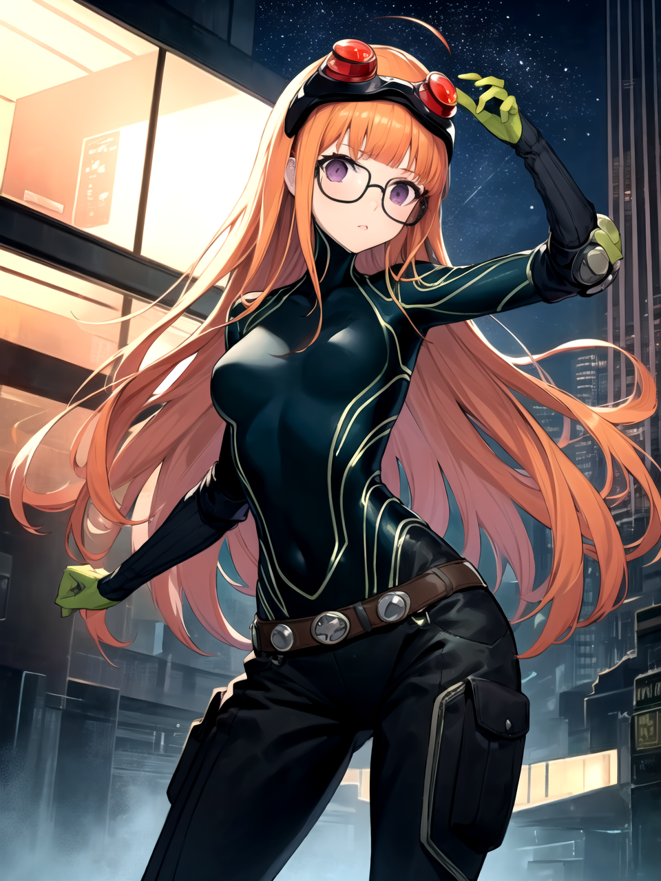 4249842759-masterpiece, best quality, 1girl, solo, dsoracle, orange hair, long hair, blunt bangs, ahoge, purple eyes, glasses, bodysuit, gr.png